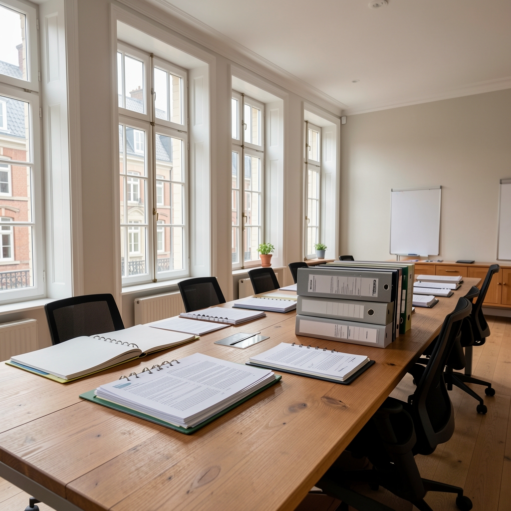 Clean open-plan office space in a Brussels townhouse, tall sash windows, long wooden table covered in open reference folders and stacked ingredient documentation binders