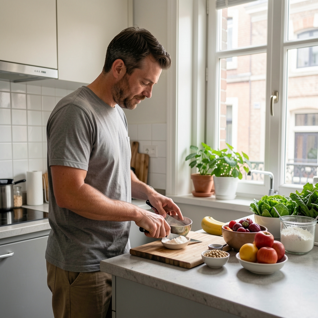 Man preparing a morning nutrition routine at a kitchen counter in Brussels apartment, natural morning window light, documentary composition