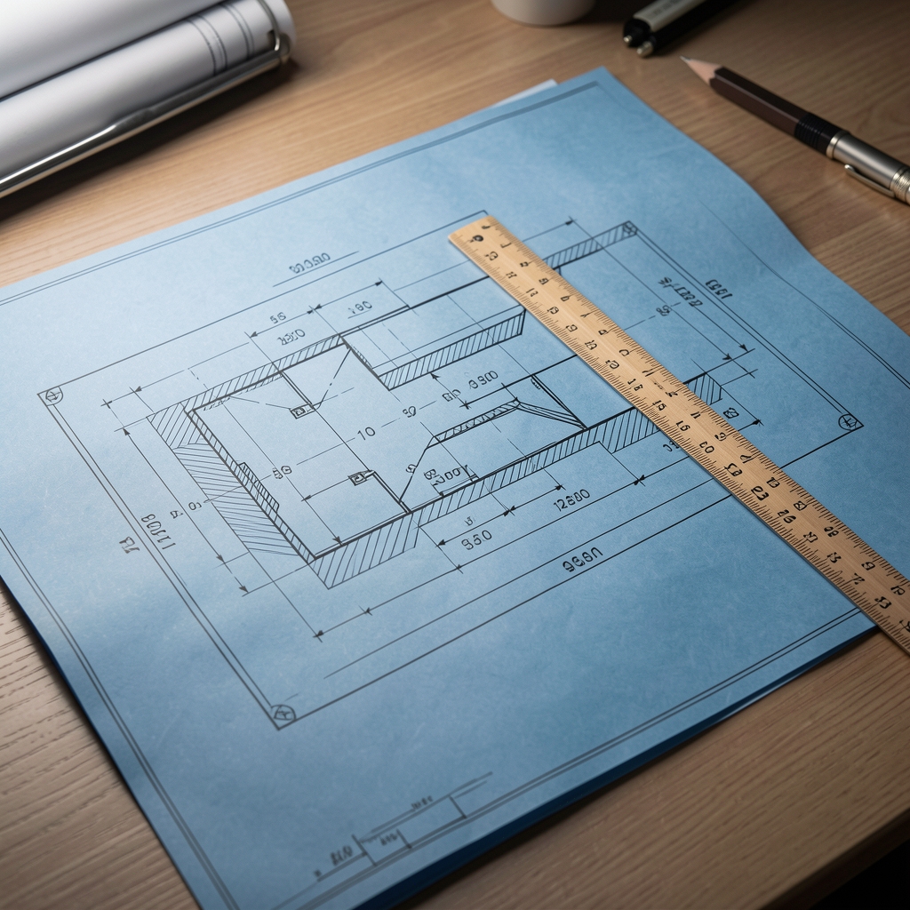 Blueprint-style engineering schematic printed on blue drafting paper, ruler and pencil resting across the diagram, under controlled workspace lighting