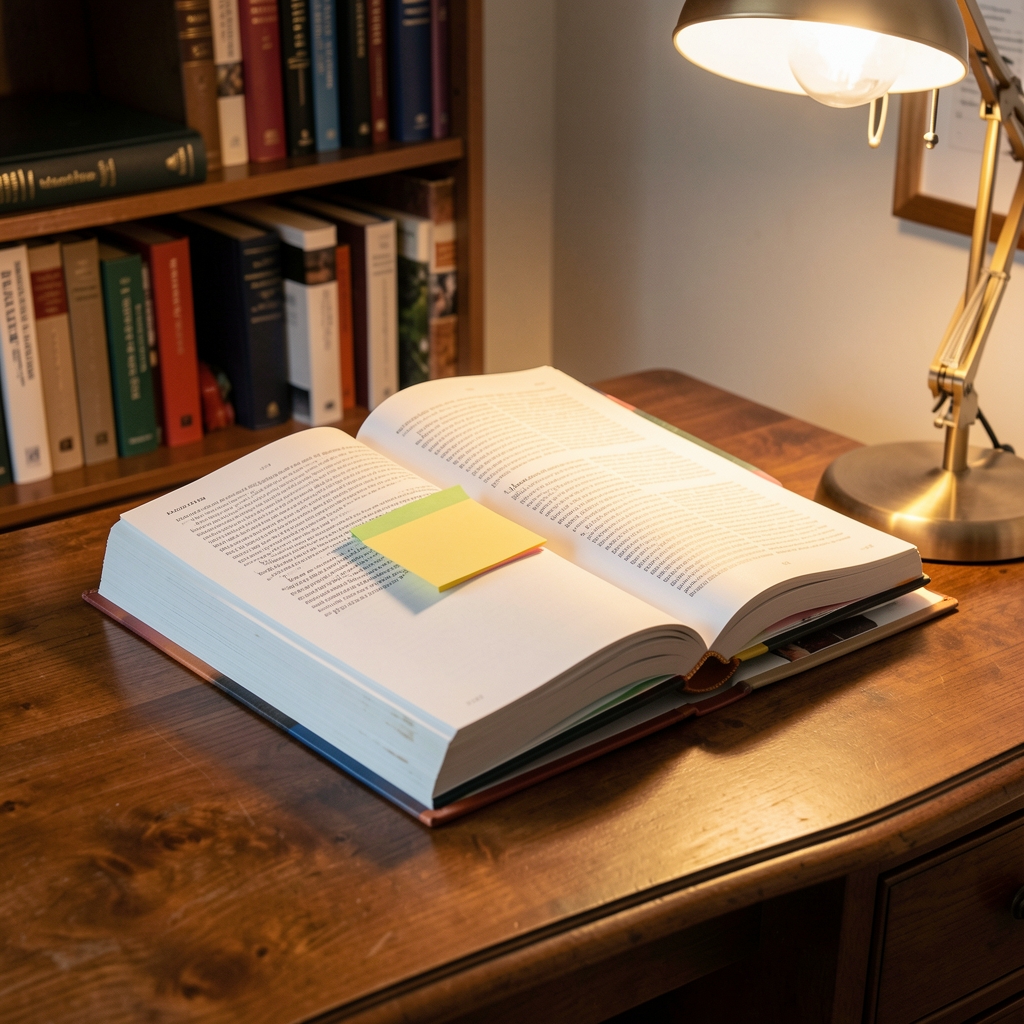 Stack of open scientific journals and research volumes on a wooden reading desk, one journal highlighted with a coloured sticky tab, warm reading lamp light