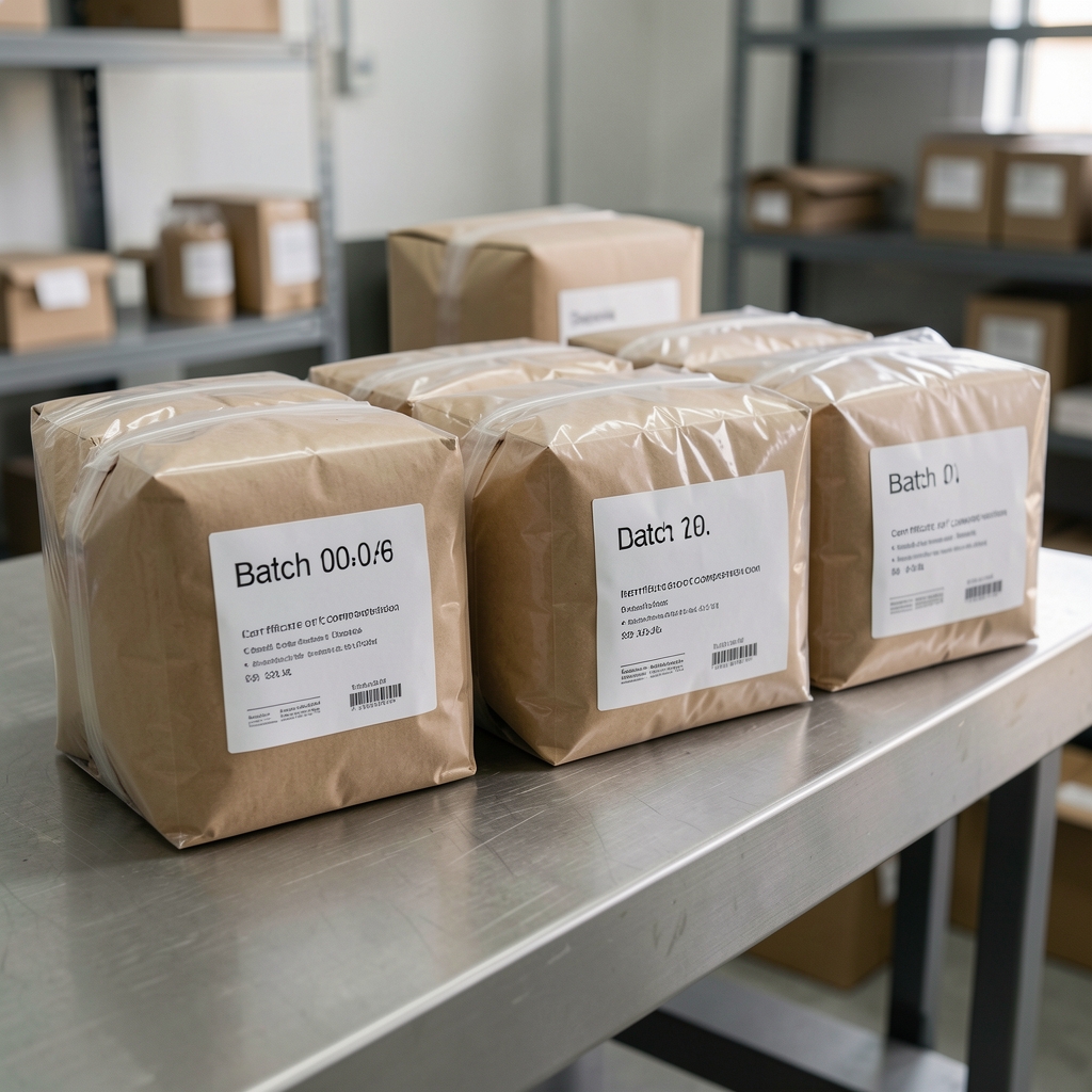 Sealed sample parcels from ingredient suppliers arranged on a receiving bench, each labelled with a batch code and certificate of composition envelope