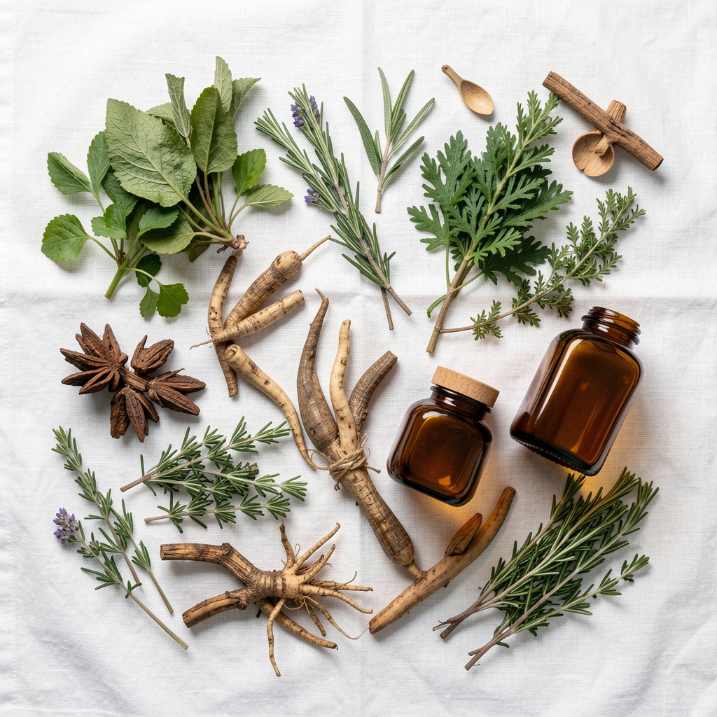 Overhead flat-lay of botanical herbs, dried roots, and amber glass containers arranged on white linen fabric, studio lighting from above