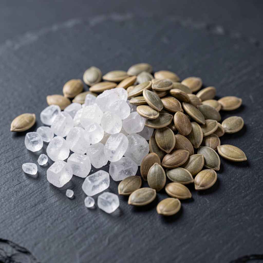 Close-up macro of mineral rock salt crystals and zinc-rich pumpkin seeds scattered on a slate surface under controlled studio lighting