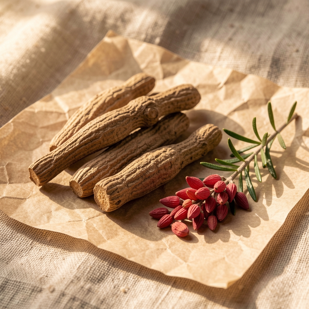 Dried ashwagandha root and whole rhodiola rosea pieces arranged on parchment paper with a linen background, warm natural light from the side