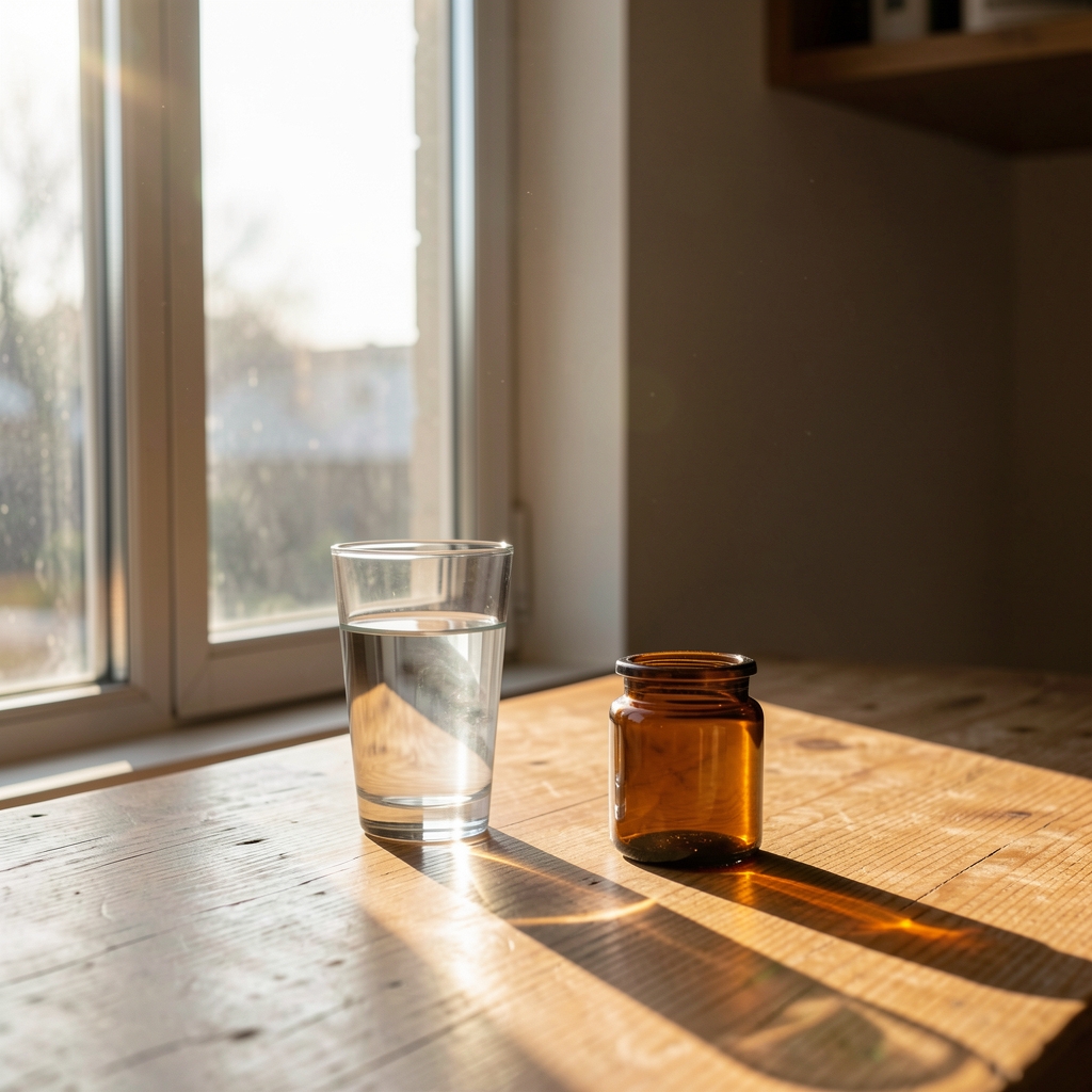 Morning sunlight coming through a tall window onto a wooden surface, a glass of water and a small amber container positioned in the light beam