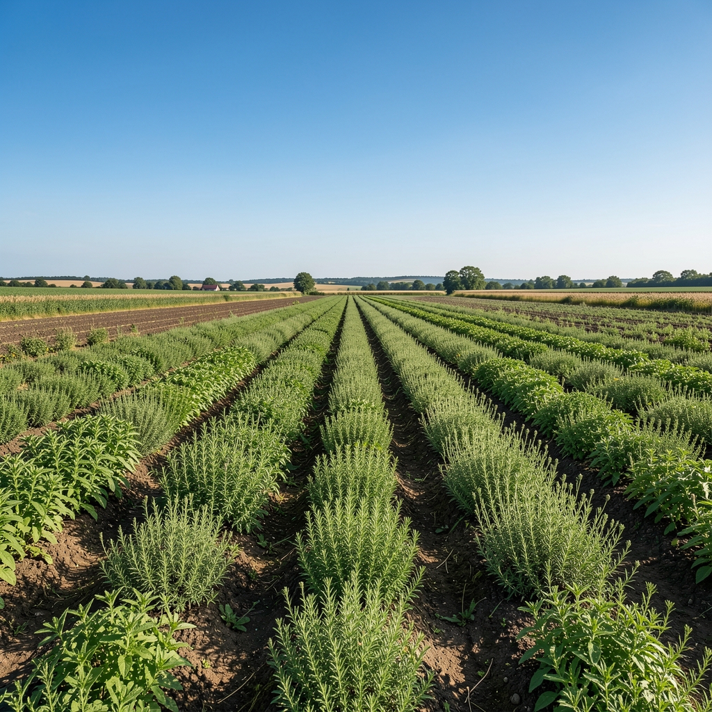 Organic herb fields in the European countryside, rows of low-growing botanical plants stretching to the horizon under a wide blue sky